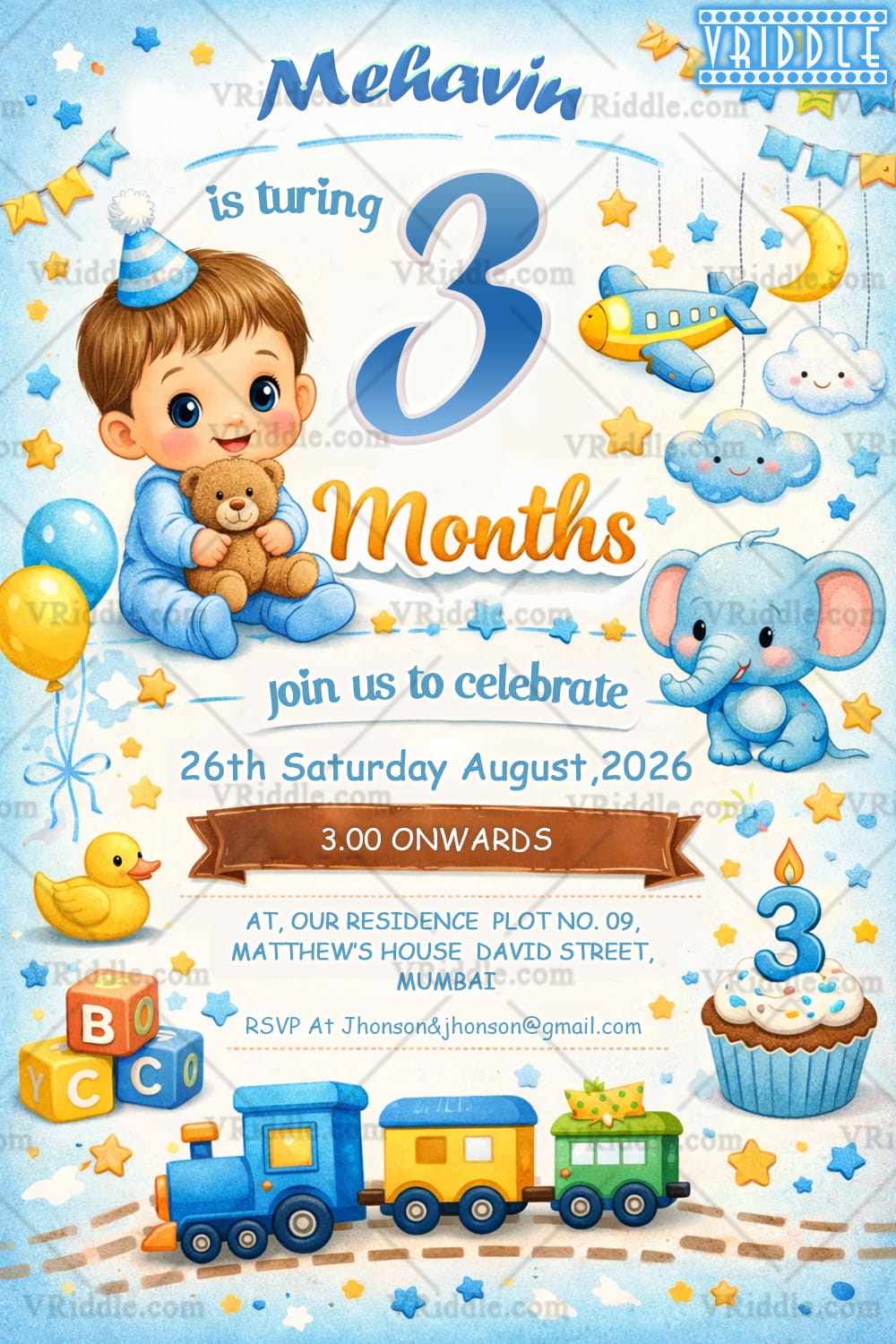Blue Theme Baby Monthly Birthday Invitation with Teddy, Elephant, Airplane & Starry Nursery Theme