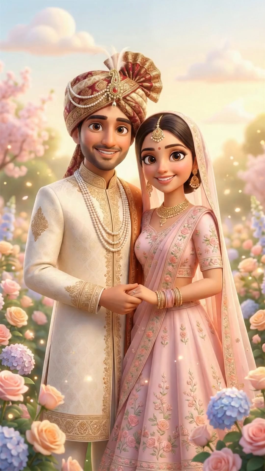Blush Pink Indian Save The Date Video with Bride–Groom Caricature and Pastel Garden