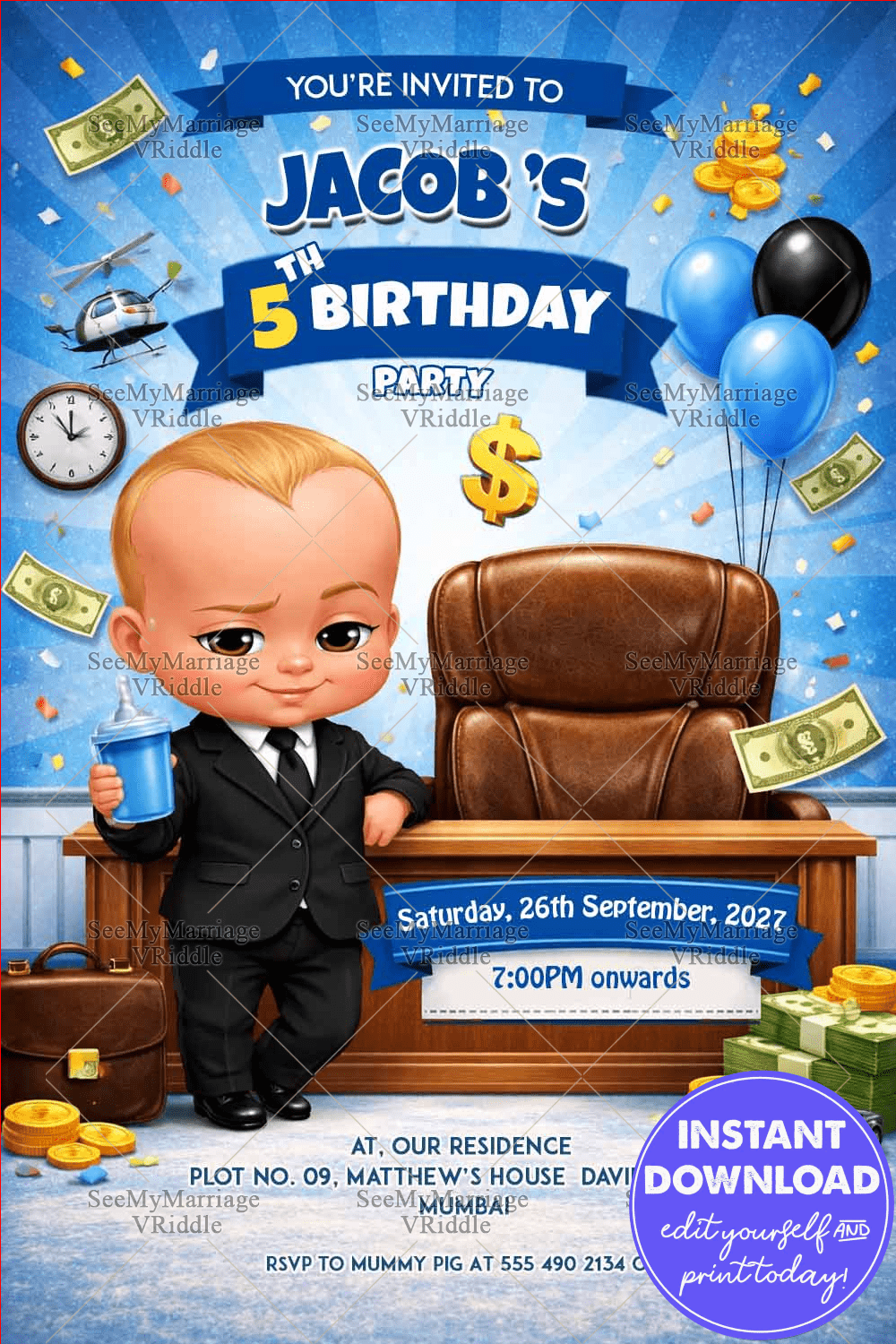Boss Baby Birthday Invitation with Executive Desk, Money Motifs & Corporate Fun Theme