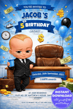 Boss Baby Birthday Invitation with Executive Desk, Money Motifs & Corporate Fun Theme
