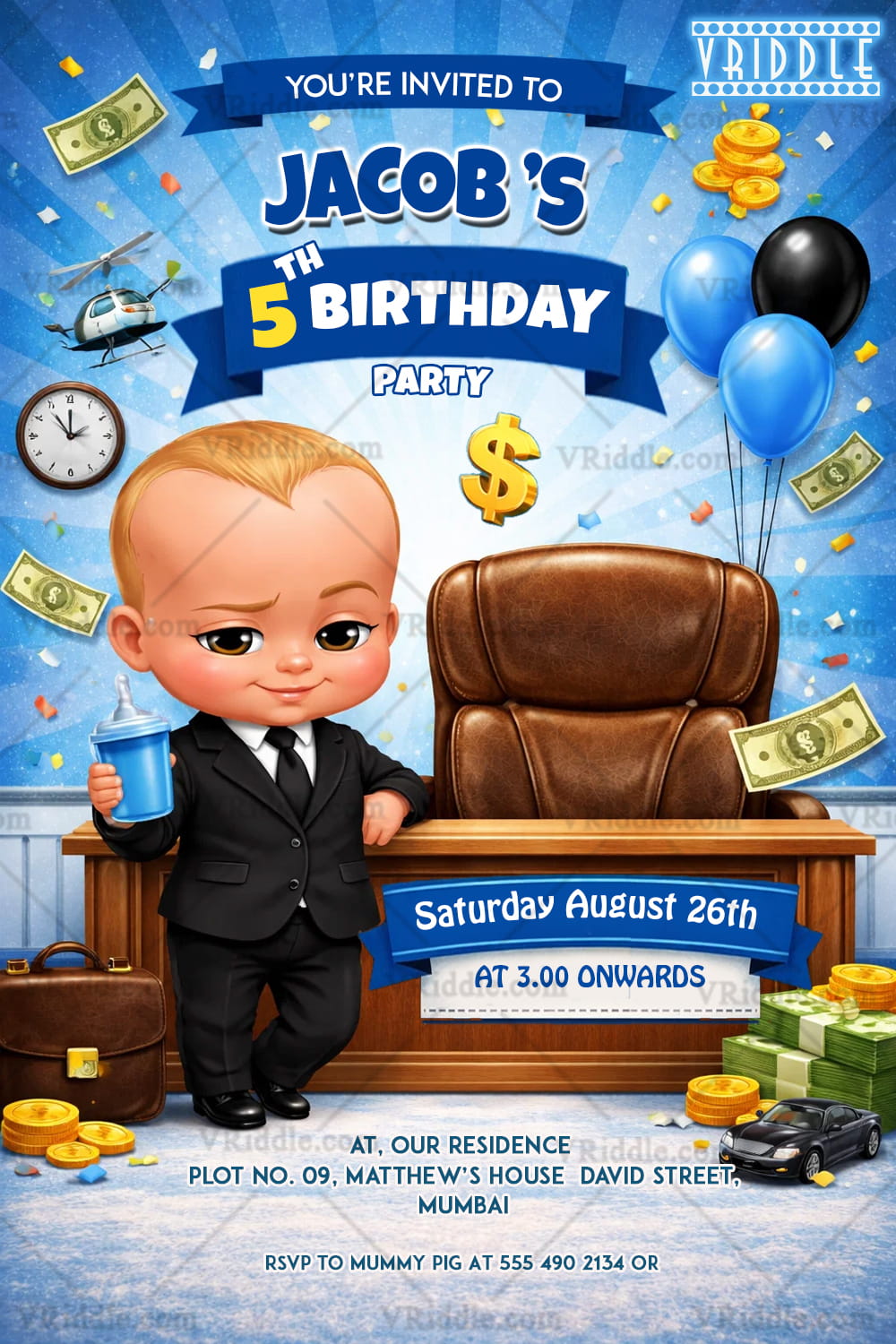Boss Baby Birthday Invitation with Executive Desk, Money Motifs & Corporate Fun Theme
