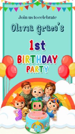 Cartoon Family Cocomelon 1st Birthday Party Invitation Video with Balloons, Bunting Flags & a Joyful Kids Celebration Theme