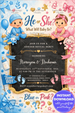 Cartoon Gender Reveal Invitation with Blue & Pink Babies, Chalkboard Center & Gold Accents