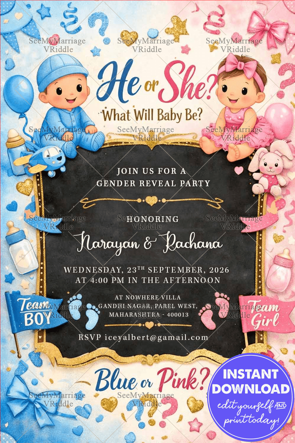 Cartoon Gender Reveal Invitation with Blue & Pink Babies, Chalkboard Center & Gold Accents
