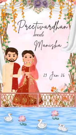 Cartoon Hindi Wedding Invitation Video with Couple Illustration, Lotus Pond Theme and Mehndi, Chak Bhat, Engagement, Tilak, Sangeet, Haldi