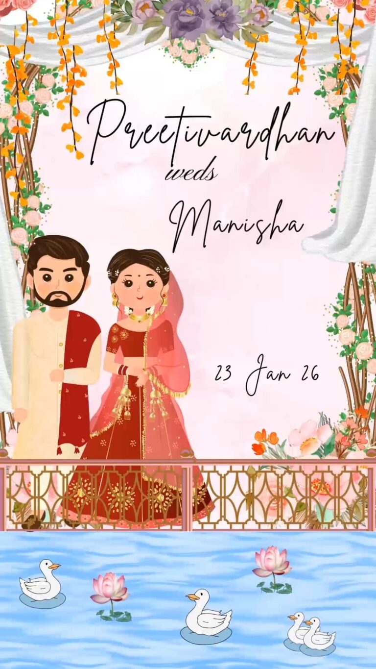 Cartoon Hindi Wedding Invitation Video with Couple Illustration, Lotus Pond Theme and Mehndi, Chak Bhat, Engagement, Tilak, Sangeet, Haldi
