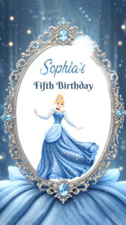 Cinderella Themed Birthday Party Invitation Video with a Little Girl with Silver Jewel-Adorned Mirror Frame
