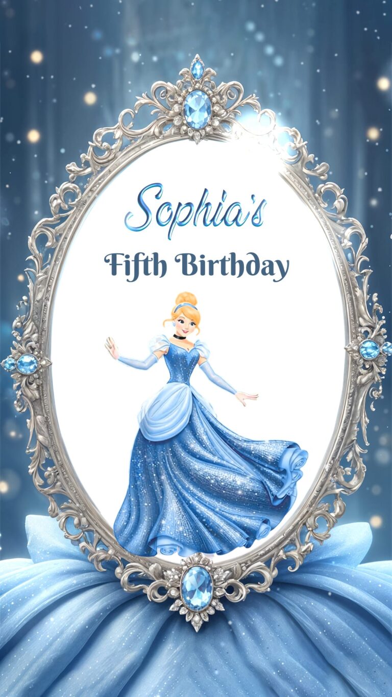 Cinderella Themed Birthday Party Invitation Video with a Little Girl with Silver Jewel-Adorned Mirror Frame