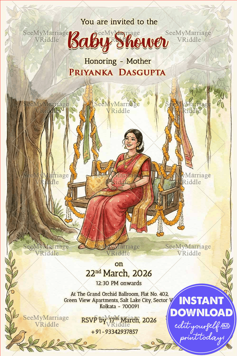 Classic Bengali Shad Invitation Card with Showcasing Pregnant Mom on Decorated Swing & Nature-Inspired Background