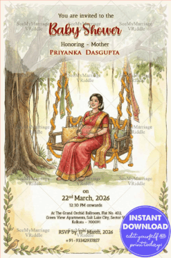 Classic Bengali Shad Invitation Card with Showcasing Pregnant Mom on Decorated Swing & Nature-Inspired Background