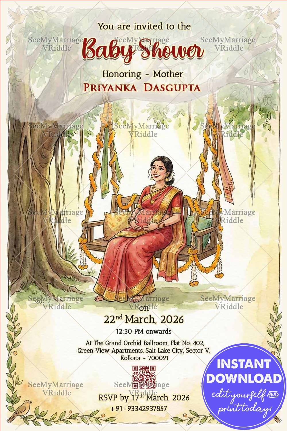 Classic Bengali Shad Invitation Card with Showcasing Pregnant Mom on Decorated Swing & Nature-Inspired Background
