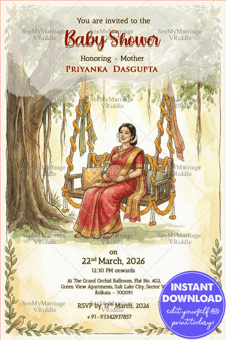 Classic Bengali Shad Invitation Card with Showcasing Pregnant Mom on Decorated Swing & Nature-Inspired Background