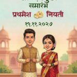 Classic Marathi Sakharpuda Ceremony Invitation Video with Cartoon Maharashtrian Couple, Floral Toran Styling and Soft Heritage-Inspired Background