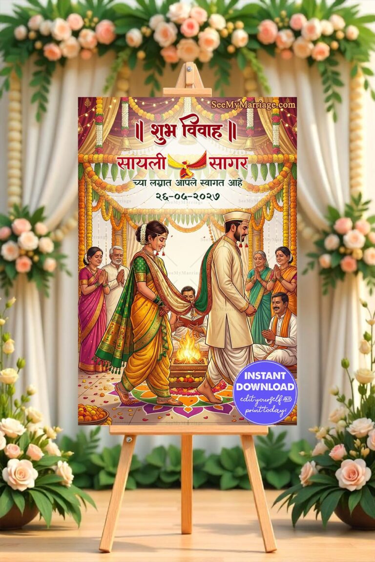 Classic Marathi Wedding Welcome Banner with Showcasing Phere Around the Sacred Fire, Festive Mandap Decor and Family Blessings