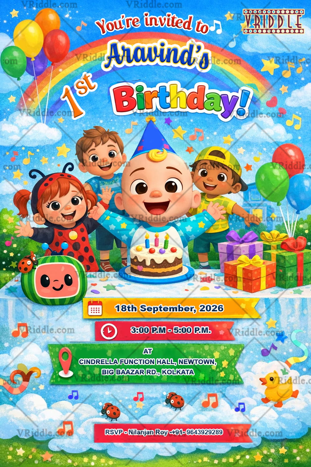 Cocomelon 1st Birthday Invitation Card with Cute Baby, Party Friends, Balloons & Cake Theme