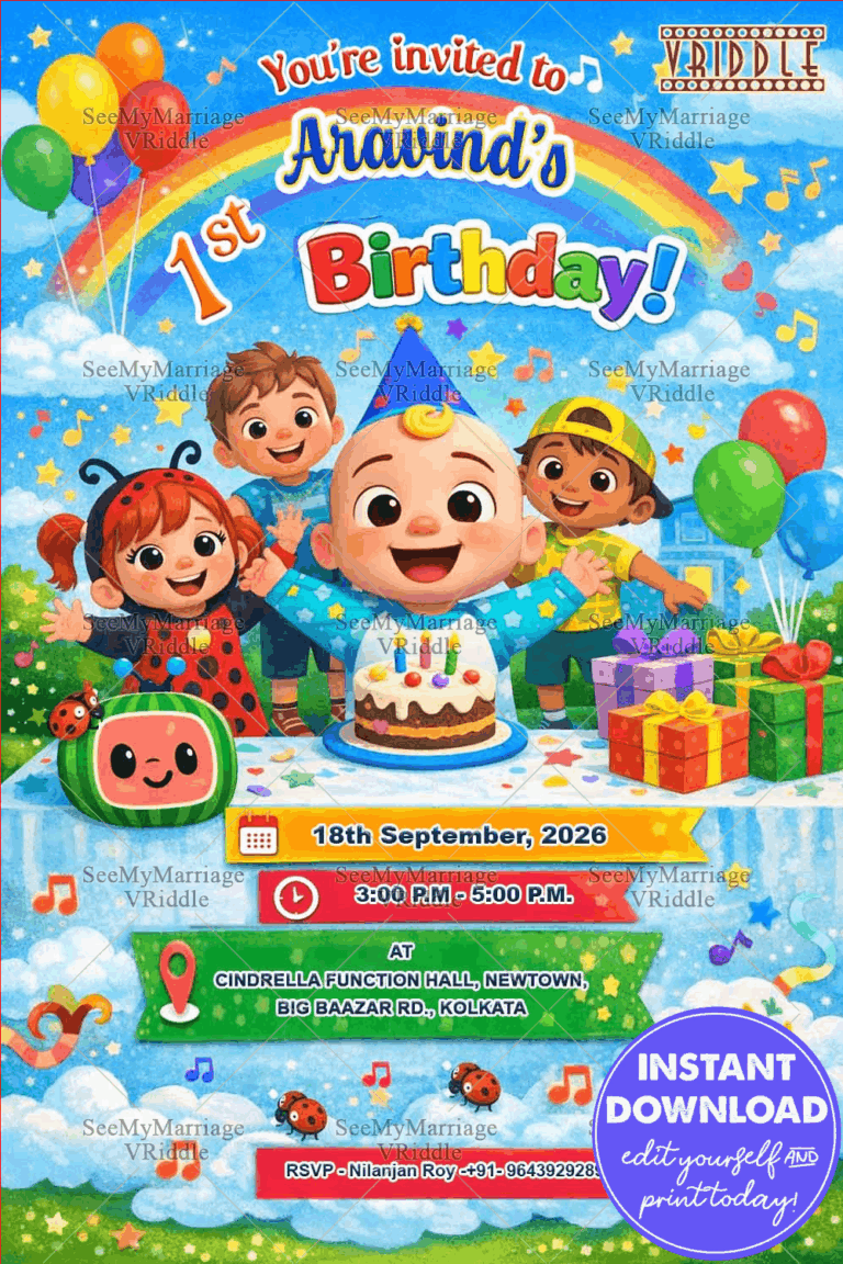 Cocomelon 1st Birthday Invitation Card with Cute Baby, Party Friends, Balloons & Cake Theme