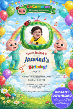 Cocomelon Cartoon Birthday Invitation Card with Add Baby Photo Frame, Rainbow Garden & Musical Fun
