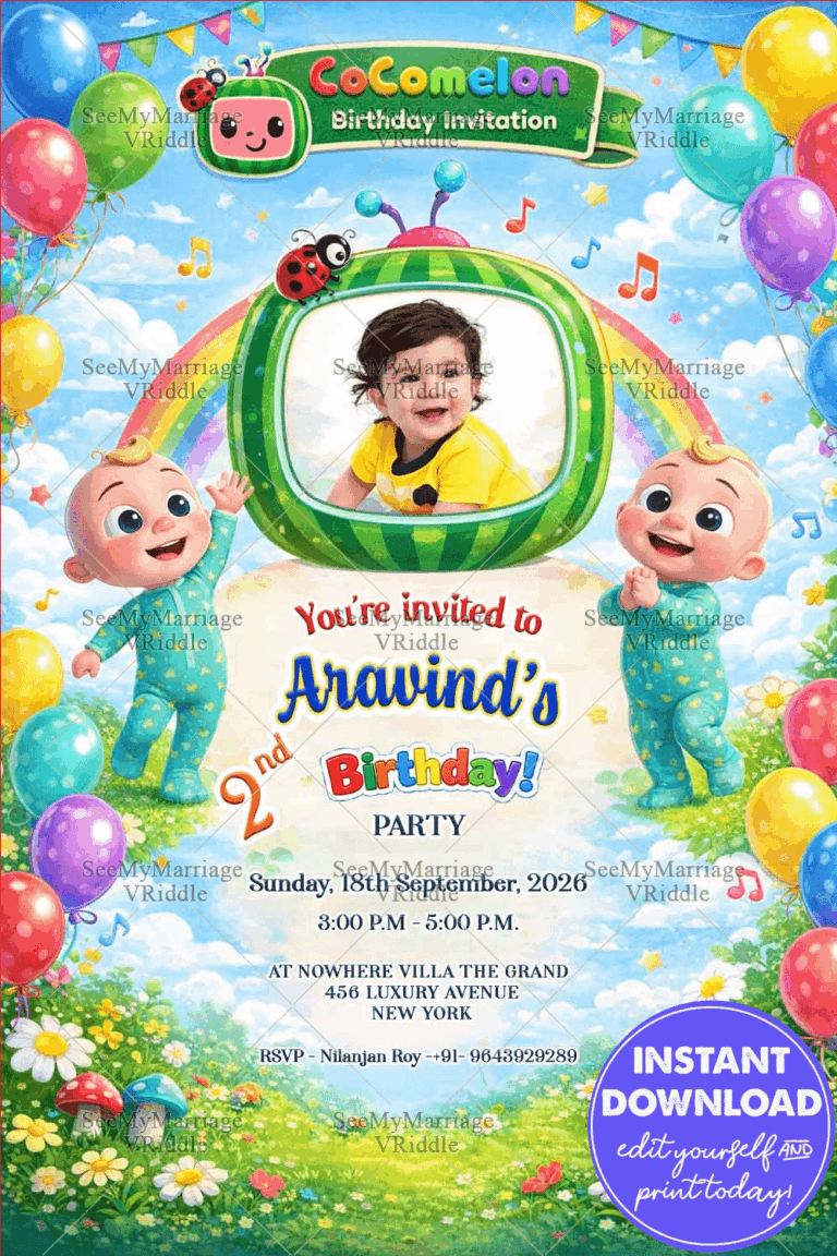 Cocomelon Cartoon Birthday Invitation Card with Add Baby Photo Frame, Rainbow Garden & Musical Fun