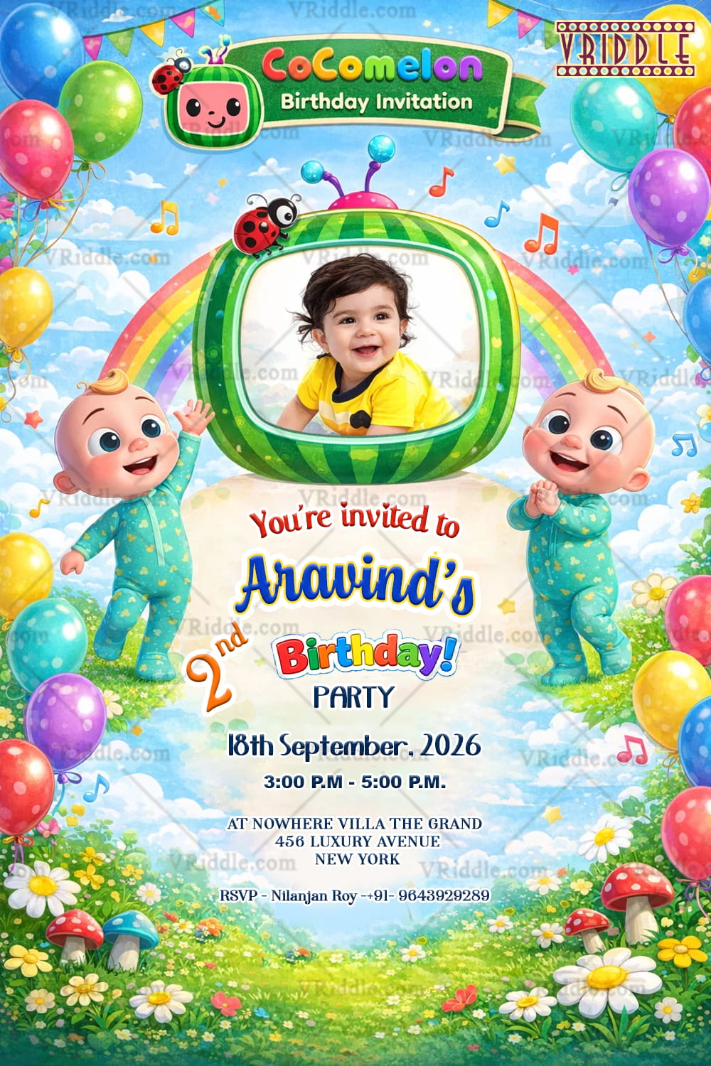 Cocomelon Cartoon Birthday Invitation Card with Add Baby Photo Frame, Rainbow Garden & Musical Fun