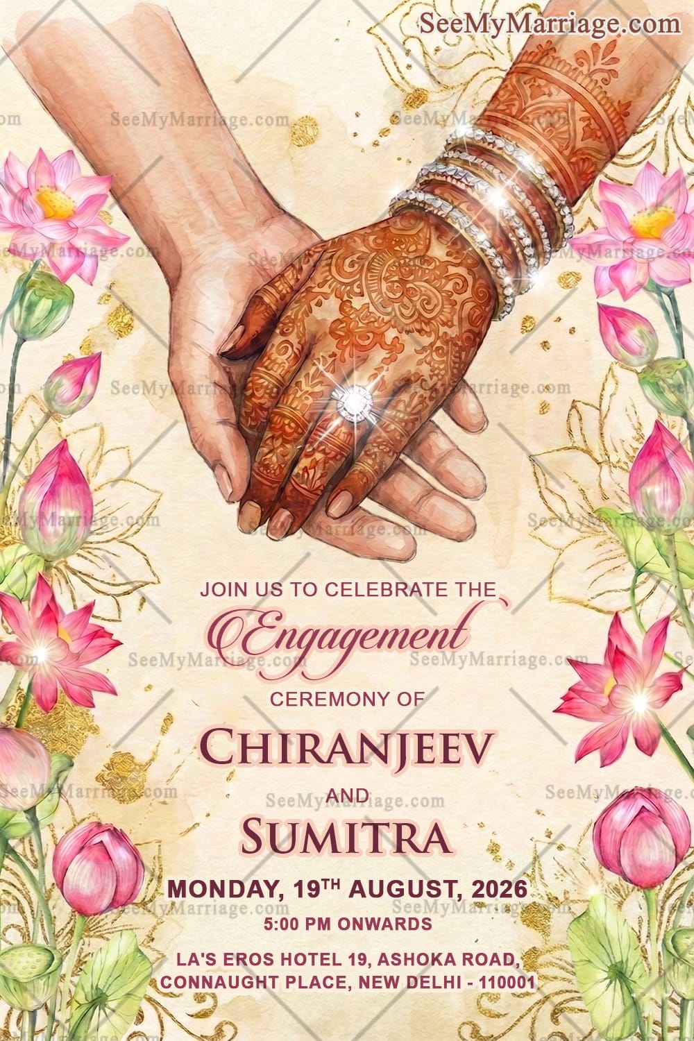 Hand-Holding Illustration Engagement Invitation with Floral Lotus Borders and Soft Pastel Indian Aesthetic