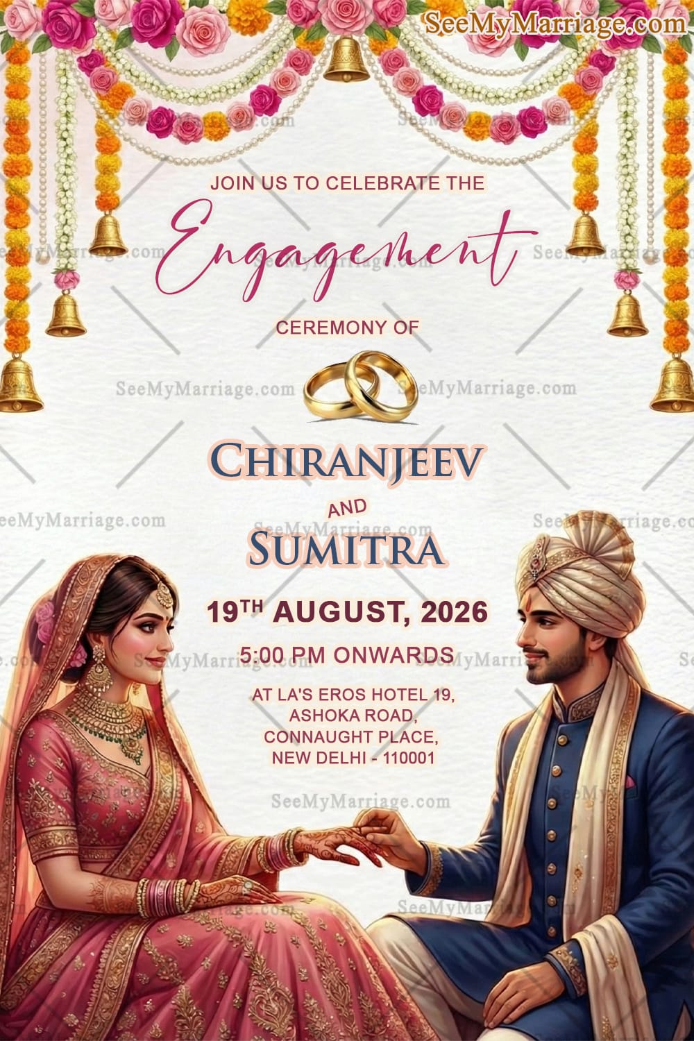 Graceful Engagement Card in Traditional Indian Theme with Golden Rings, Floral Toran & Bride–Groom Art