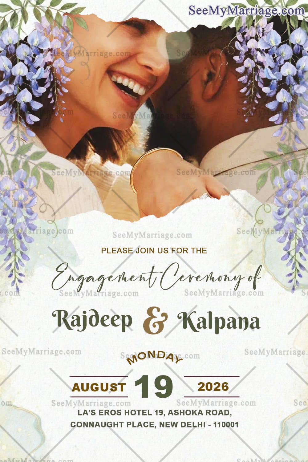 Romantic Engagement Invitation with Photo Reveal Design, Lavender Florals & Soft Watercolour Green Theme