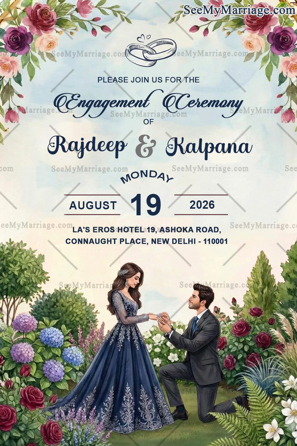 Proposal Illustration Engagement Invitation with Garden Florals, Floral Borders and Pastel Blue Theme