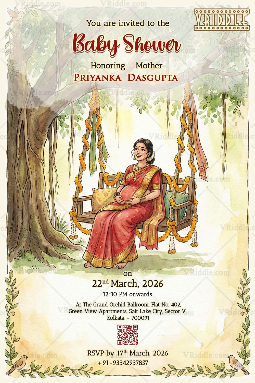 Classic Bengali Shad Invitation Card with Showcasing Pregnant Mom on Decorated Swing & Nature-Inspired Background