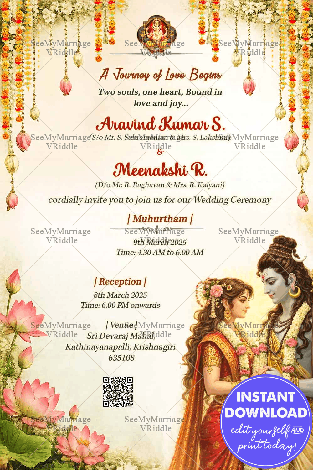 Divine Shiva–Parvati Wedding Invitation with Lotus Borders, Floral Arch & Serene Aqua Background