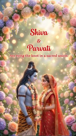 Ethereal Shiva–Parvati Wedding Invitation Video with Showcasing Pastel Flower Arch, Soft Sparkling Lights and Divine Garden Backdrop