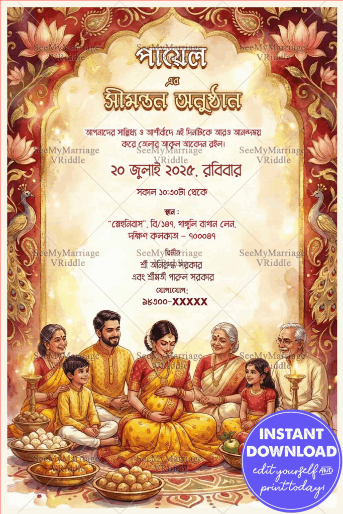 Family Bengali Shad Invitation Card with Lotus-Framed Arch, Radiant Mom-to-Be, Peacock and Ritual Lamps