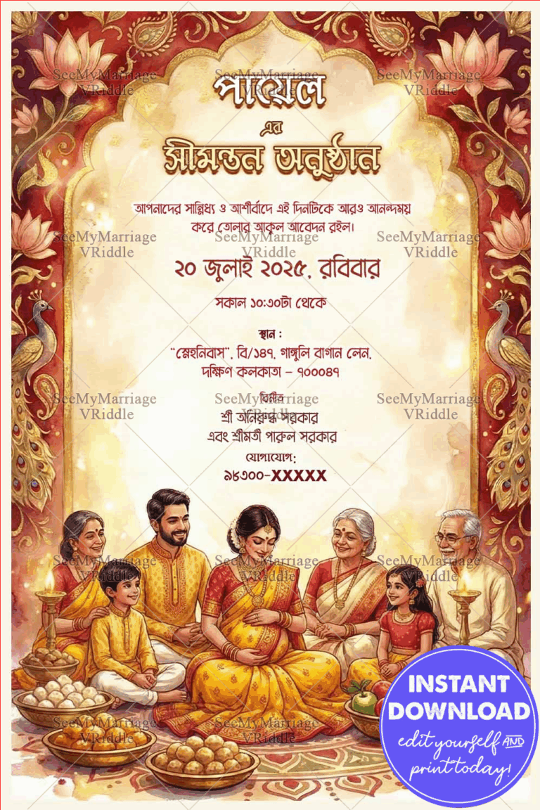 Family Bengali Shad Invitation Card with Lotus-Framed Arch, Radiant Mom-to-Be, Peacock and Ritual Lamps