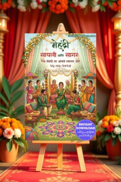 Family Marathi Mehndi Welcome Banner with Floral Toran Arch, Traditional Lanterns, Colorful Rangoli and Live Dhol Music