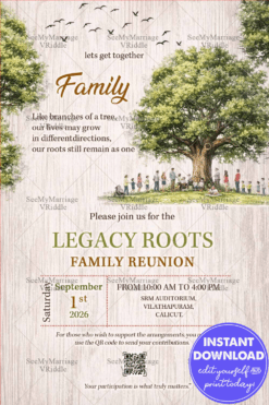 Family Reunion Invitation with Watercolor Tree Illustration, Generations Gathering & Nature