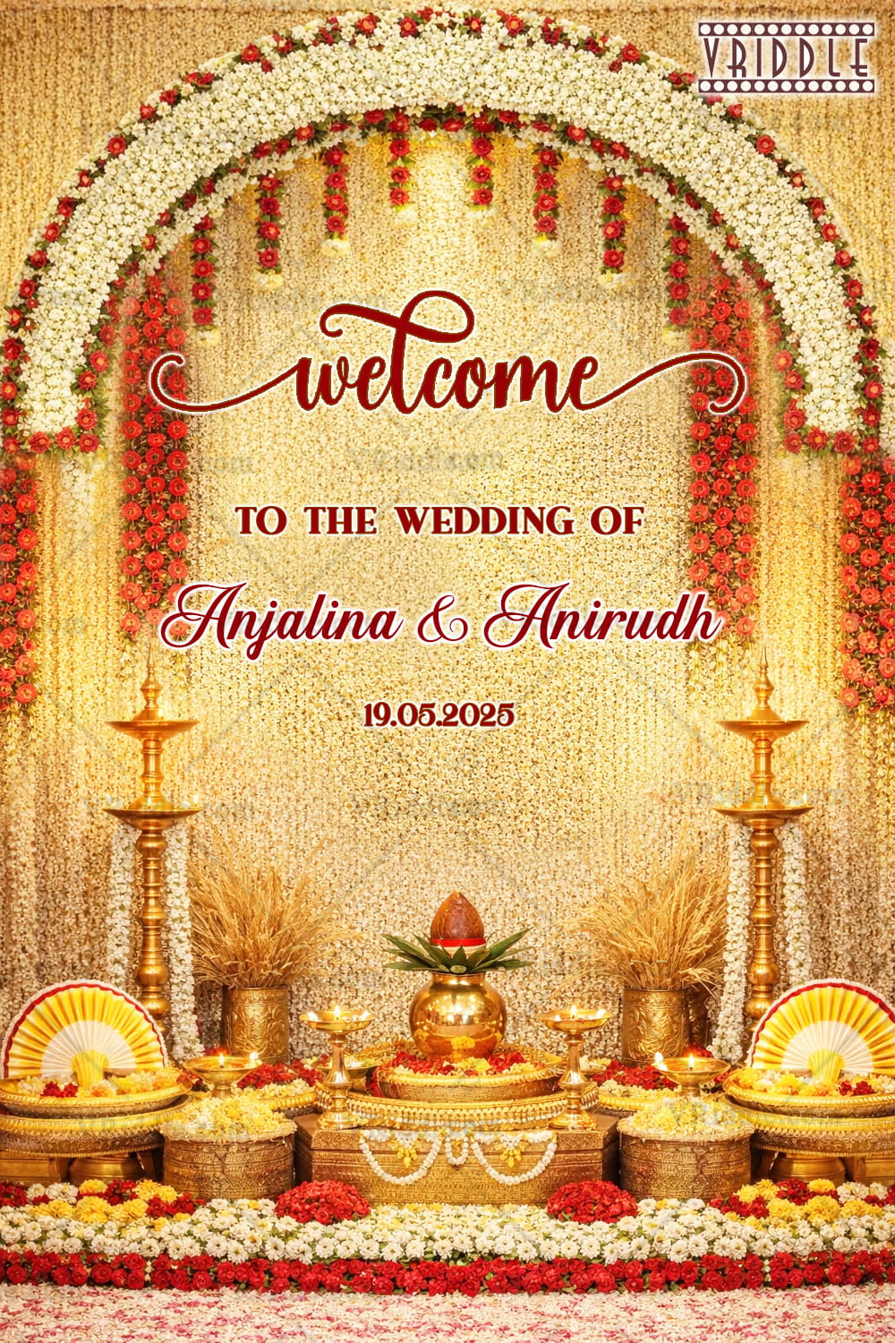 Floral Mandap Wedding Welcome Board with Jasmine Arch, Brass Lamps & Traditional Kalash