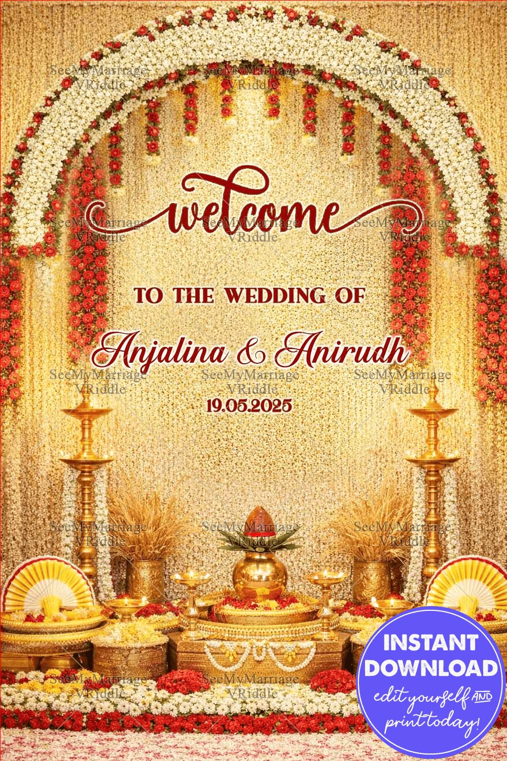 Floral Mandap Wedding Welcome Board with Jasmine Arch, Brass Lamps & Traditional Kalash