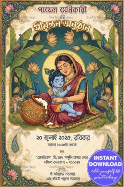 Folk Art Border Bengali Baby Shower Invitation with Yashoda–Krishna Embrace, Lotus Arches, Peacock Motifs