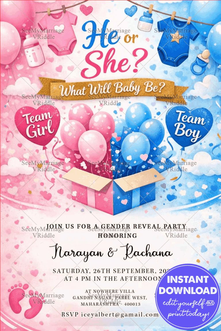 Gender Reveal Invitation with Balloons, Baby Onesies & Surprise Gift Box Pink-and-Blue Pastel Theme