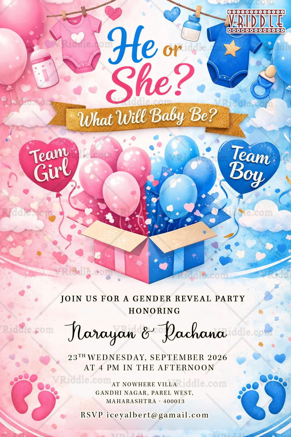 Gender Reveal Invitation with Balloons, Baby Onesies & Surprise Gift Box Pink-and-Blue Pastel Theme