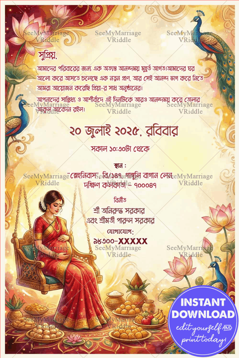 Golden Lotus Bengali Shad Bhakshan Invitation with Graceful Mom-to-Be on Ornate Swing and Peacock Motifs