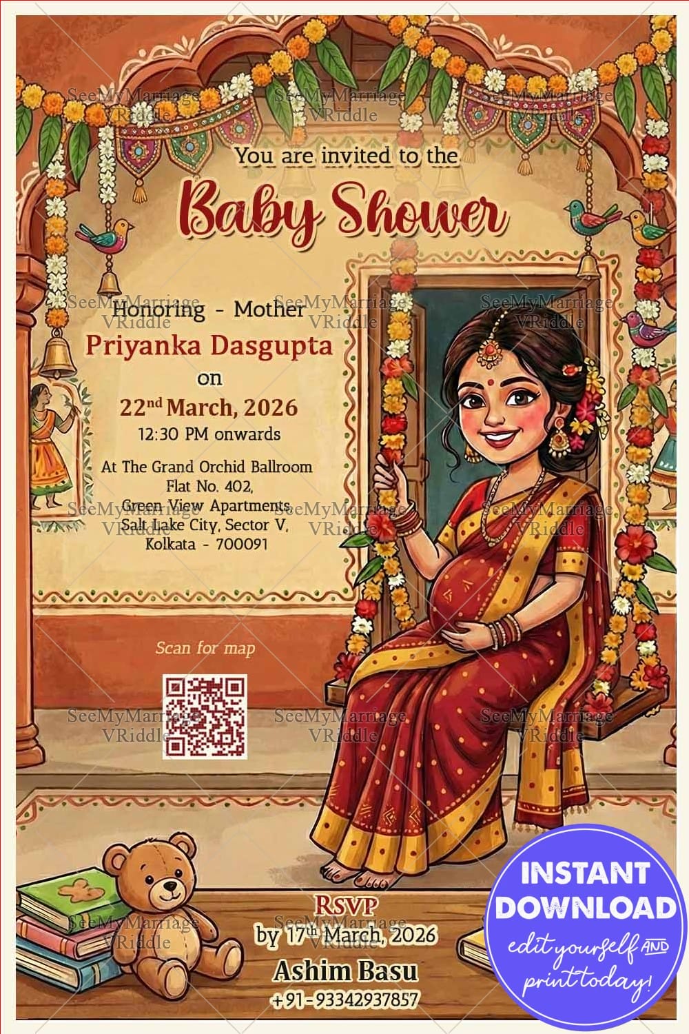 Graceful Bengali Shad Invitation Card with Decorated Swing, Mom-to-Be Artwork & Festive Traditional Ambience