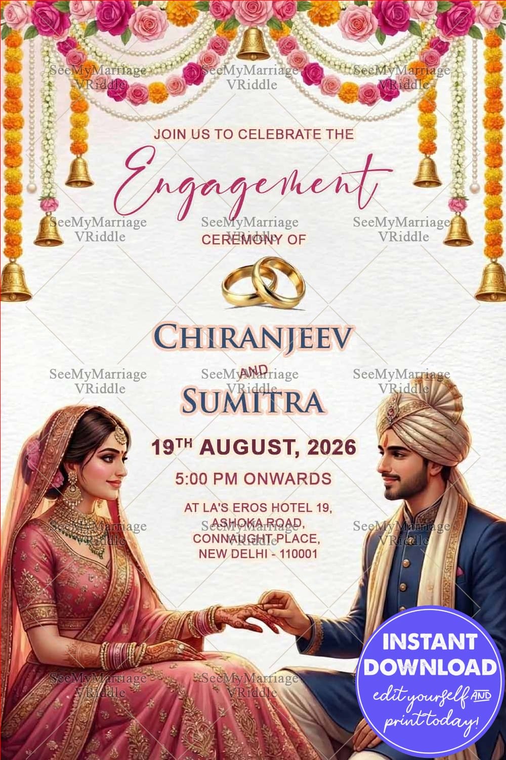 Graceful Engagement Card in Traditional Indian Theme with Golden Rings, Floral Toran & Bride–Groom Art