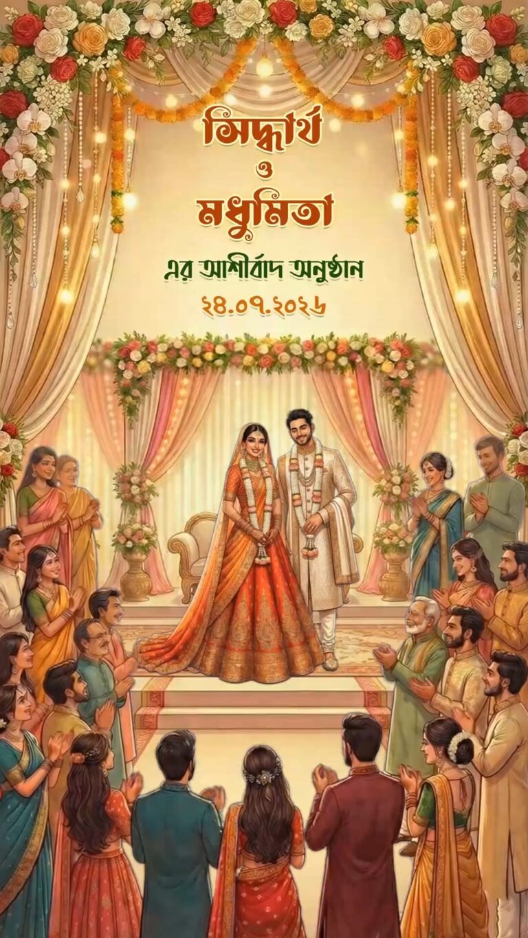 Grand Bengali Ashirbad Ceremony Invitation Video with Floral Mandap, Draped Stage Decor & Blessings-Filled Family Gathering