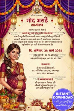 Grand Hindi Godh Bharai Invitation Card with Rich Drapes and Graceful Motherhood Illustration