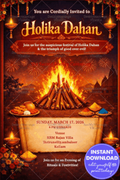 Grand Holika Dahan Invitation with Sacred Bonfire, Diyas & Festive Rangoli Hues