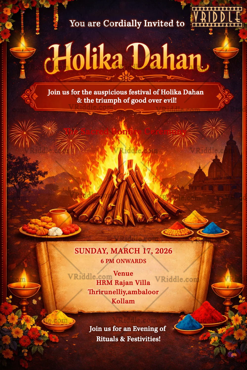 Grand Holika Dahan Invitation with Sacred Bonfire, Diyas & Festive Rangoli Hues