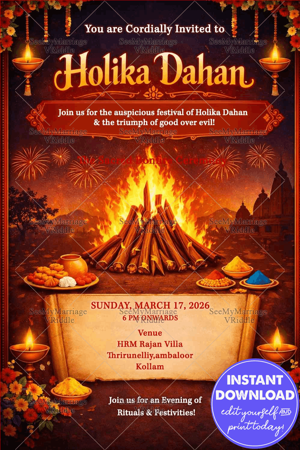 Grand Holika Dahan Invitation with Sacred Bonfire, Diyas & Festive Rangoli Hues