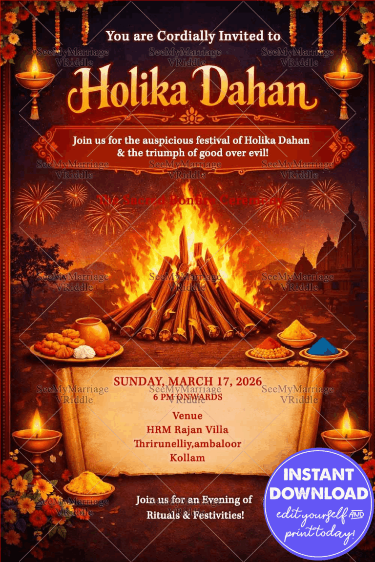 Grand Holika Dahan Invitation with Sacred Bonfire, Diyas & Festive Rangoli Hues