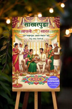 Grand Marathi Sakharpuda Welcome Banner with Floral Mandap, Rangoli Art, Golden Lamps and Family Blessings Illustration