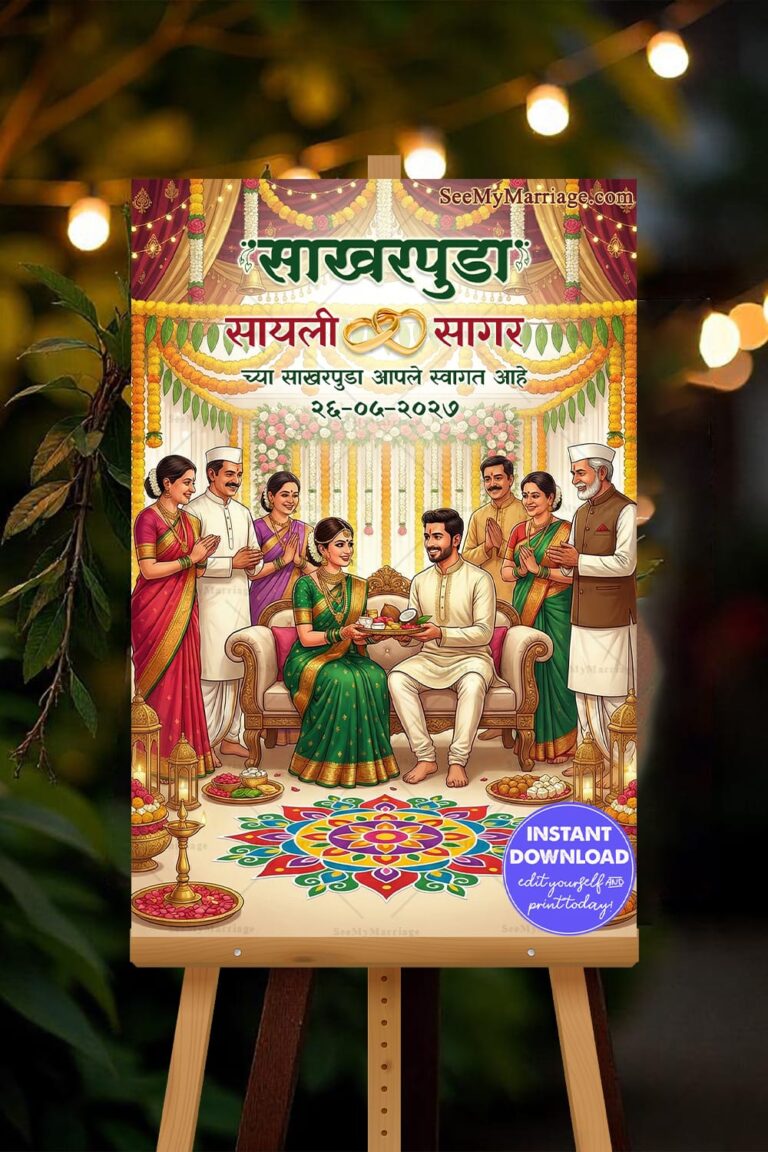 Grand Marathi Sakharpuda Welcome Banner with Floral Mandap, Rangoli Art, Golden Lamps and Family Blessings Illustration